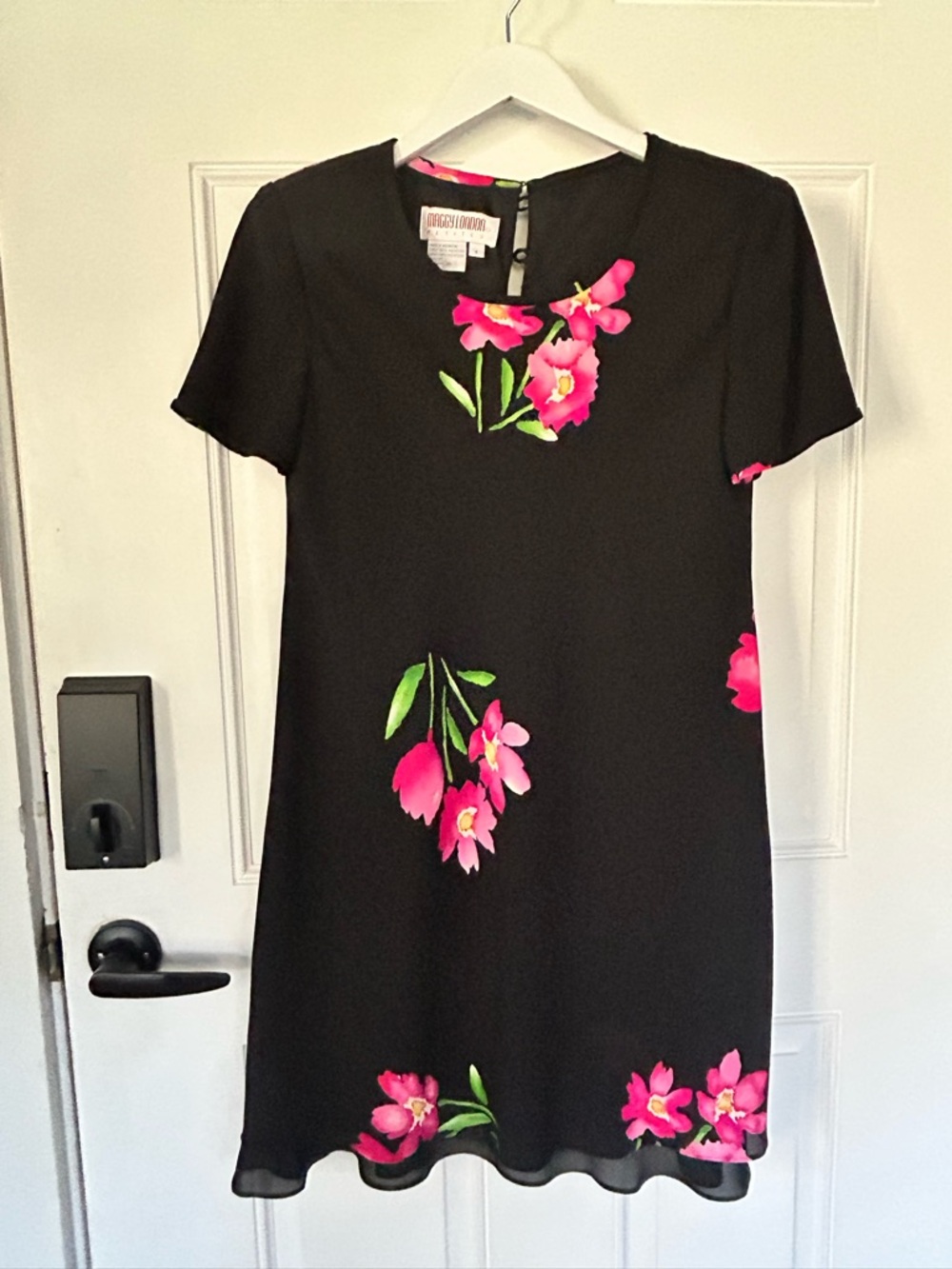 Maggy London Black Mini Dress with Hot Pink Floral Accents
